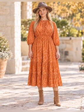 A New Day Orange Floral Prairie Midi Dress L Tiered Boho Cottagecore Rayon
